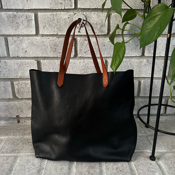 Madewell Large Transport Black Leather Tote Bag with Brown Straps - Picture 1 of 5